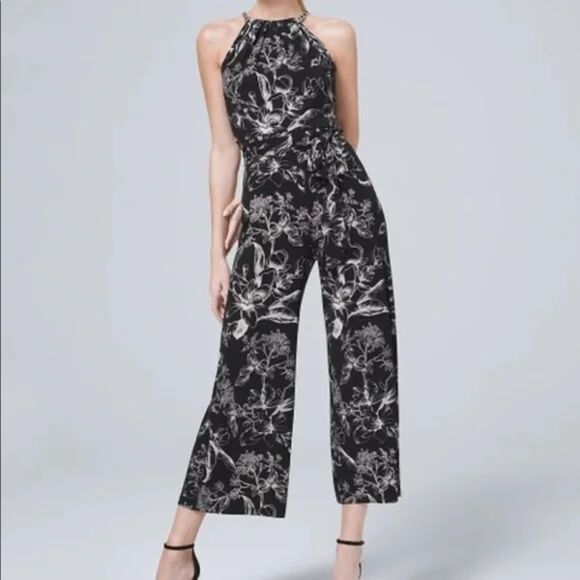 White House Black Market Pants - WHITE HOUSE BLACK MARKET Black & White Floral Jumpsuit Belted Sz 12